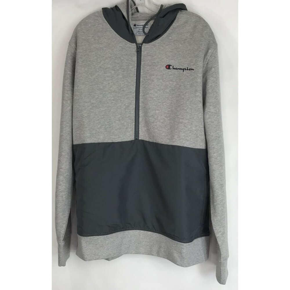 Champion Half Zip Hoodie Men XL Fleece Woven Two Tone Oxford Gray Heather